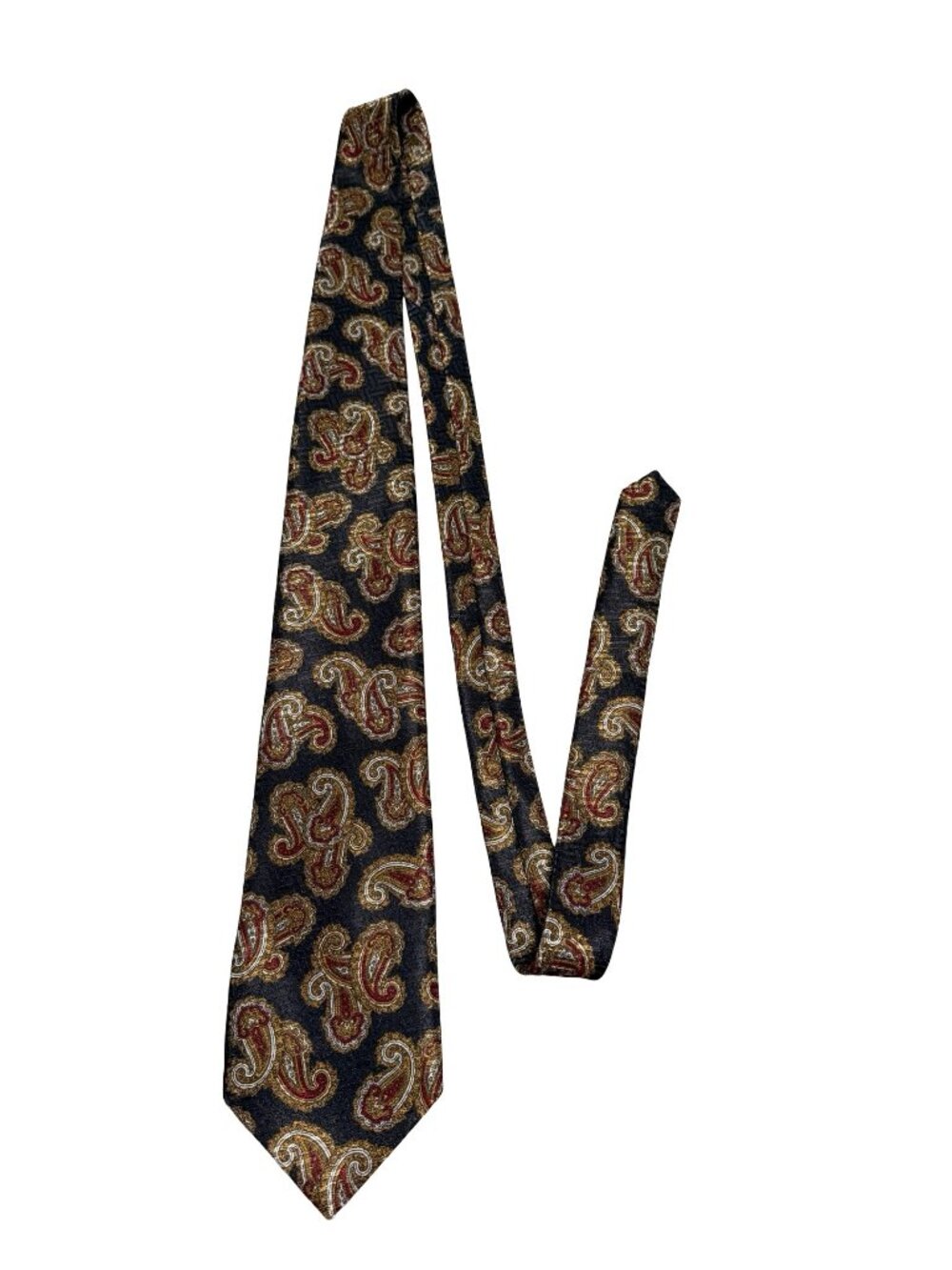 Johnny Carson Mens Silk Tie Paisley Black Gold Red Made in USA Vintage